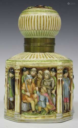 A Zsolnay Pécs square shaped inkwell, 1880s, the body moulded with figural medieval panels below a