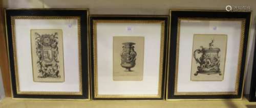 A group of four monochrome prints depicting Baroque ornamentation, all similarly mounted and framed,