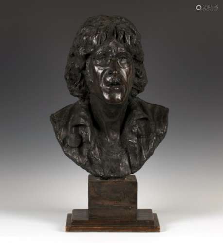 John Somerville - a black resin and plaster head and shoulders portrait bust of John Lennon, wearing