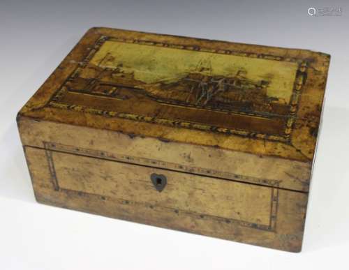 A late Victorian walnut writing slope, the lid inlaid with a maritime coastal scene of a three-