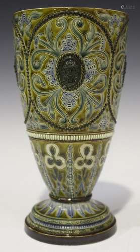 A Doulton Lambeth stoneware oil lamp base, circa 1879, decorated by Frank Butler, monogrammed,