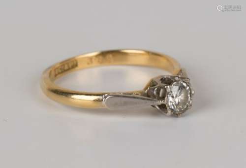A gold, platinum and diamond single stone ring, mounted with a circular cut diamond, detailed '