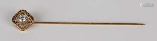 A gold and diamond single stone stickpin, mounted with a circular cut diamond within a pierced