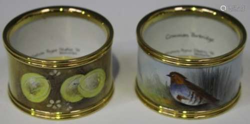 Two Graham Payne Studios enamel napkin rings, circa 1983, one painted with a common partridge, the
