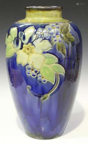 A large Royal Doulton stoneware vase, 20th century, decorated by Vera Huggins, signed, the