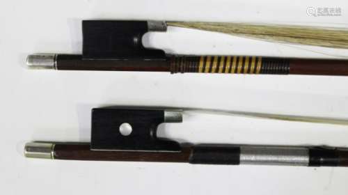 A silver mounted violin bow, branded 'Model Lupot', length 24.8cm, weight 58g, together with a