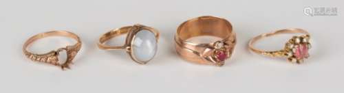 A gold, rose cut diamond and pink gem set cluster ring, a 14ct gold and gem set ring, a 15ct gold