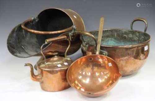 A group of mainly 19th century copper, comprising a coal scuttle, teapot, warming pan, preserve
