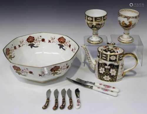 A mixed group of Royal Crown Derby tableware, including three trembleuse cups and saucers in the '