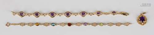 A 9ct gold and amethyst single stone pendant, length 2.5cm, a 9ct gold bracelet, mounted with a