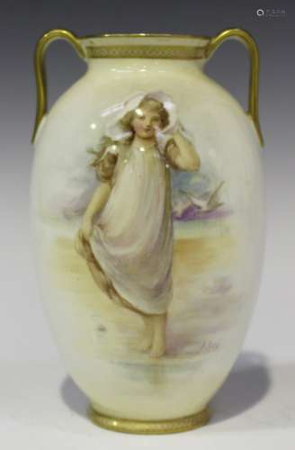 A Royal Doulton bone china two-handled vase, early 20th century, decorated by A. Dix, signed, the