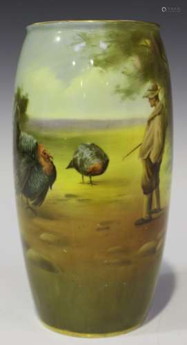 A Royal Doulton bone china vase, early 20th century, decorated with a scene of a farmer and turkeys,