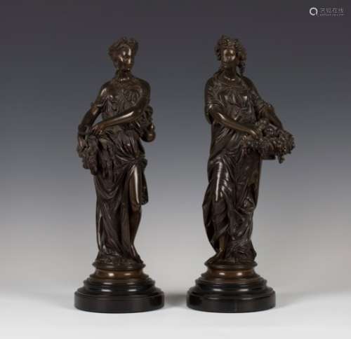 Ernest Henri Dubois - a pair of late 19th century French brown patinated cast bronze allegorical