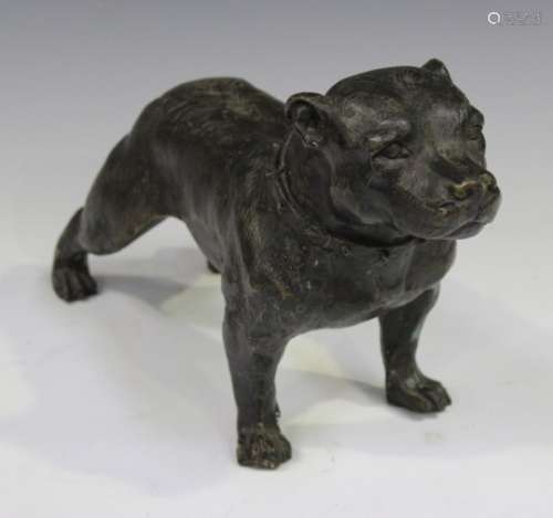 A modern brown patinated cast bronze model of a Staffordshire bull terrier, height 21cm.Buyer’s
