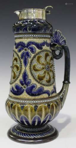 A Doulton Lambeth stoneware ewer with plated cover, circa 1880, decorated by Elizabeth Fisher,