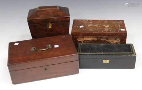 A group of four 19th century boxes, comprising a Regency tea caddy, a leather jewellery box, a