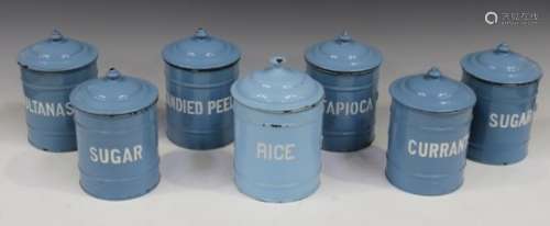 A set of six mid-20th century blue enamelled kitchen storage jars, height 18cm, together with
