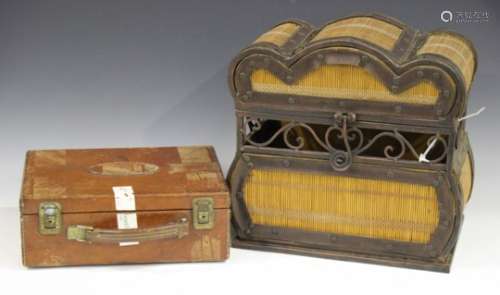 A 20th century brown leather cartridge case, width 33cm, together with a modern Chinese rattan and