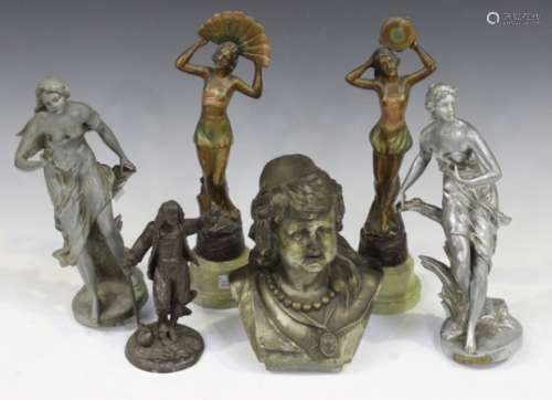A group of six mainly early 20th century cast spelter figures, including a pair of Art Deco style