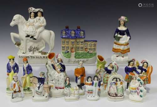 A mixed group of Staffordshire pottery flatbacks, late 19th and 20th century, including a small