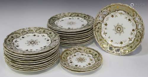 A Davenport porcelain part dessert service, mid-19th century, the pierced pale grey rims overlaid