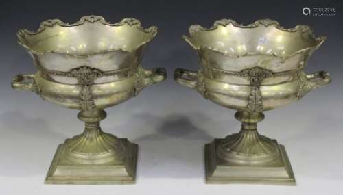 A pair of modern plated ornamental urns, height 32cm, width 36cm, together with two plated punch