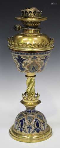 A Doulton Lambeth Gothic style stoneware oil lamp, late 19th century, probably decorated by Edith