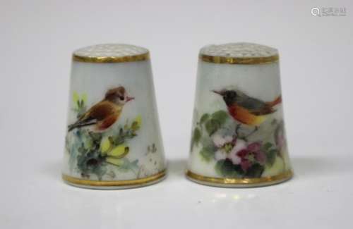 Two Royal Worcester porcelain thimbles, circa 1935, painted by Powell, signed, with birds, puce