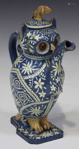 A Thoune art pottery teapot and cover in the form of an owl, late 19th/early 20th century, the