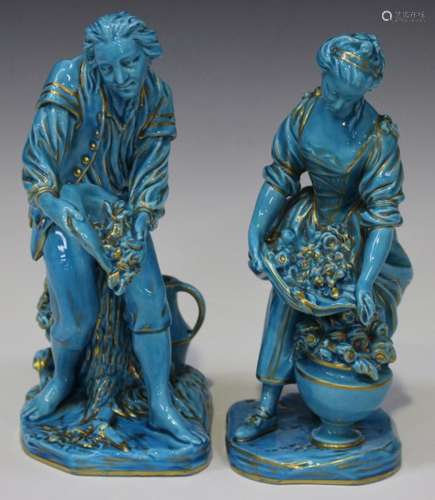 A pair of Sèvres style turquoise glazed porcelain figures, late 19th century, modelled as a male