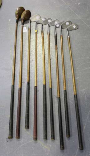 A group of nine Arthur Grant 'Le Touquet' GC Special Own Model hickory shafted golf clubs,