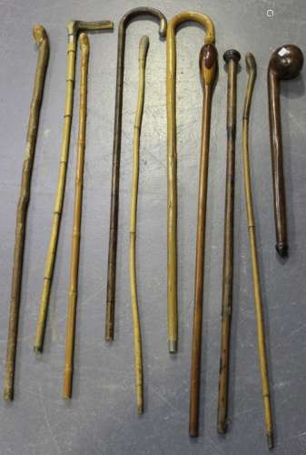 A group of nine various walking sticks and an African hardwood knobkerrie, length 51cm.Buyer’s