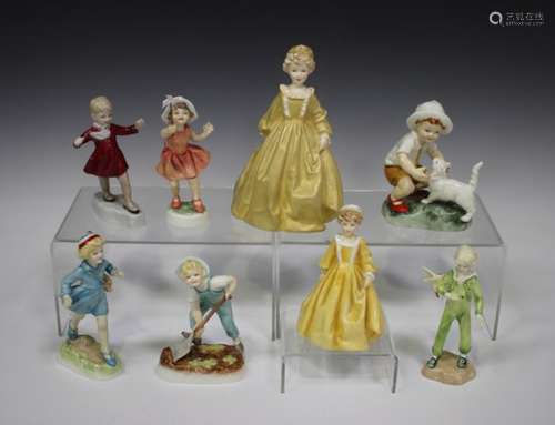 Eight Royal Worcester bone china Freda Doughty figures, comprising Gardener, Little Parakeet, Snowy,