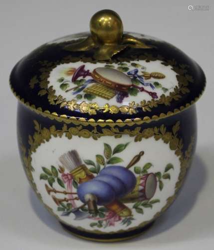 A Sèvres style cobalt blue ground porcelain jar and cover, the porcelain possibly late 18th century,