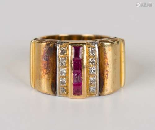 A gold, diamond and synthetic ruby cocktail ring, mounted with a row of four baguette synthetic