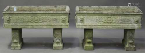 A pair of 20th century cast composition stone rectangular garden planters, the sides moulded with