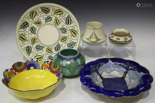 Four pieces of Charlotte Rhead designed pottery, including a Sylvan pattern Burleigh Ware circular