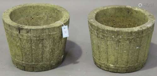 A pair of late 20th century cast composition stone garden urns of faux coopered form, height 30cm,