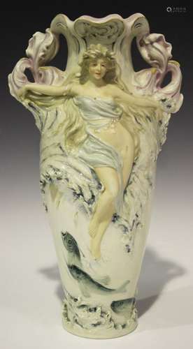 A Royal Dux Art Nouveau lustre pottery vase, early 20th century, the two-handled tapered cylindrical