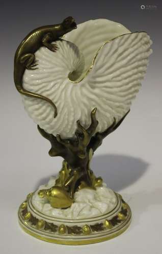 A Royal Worcester porcelain shell centrepiece, circa 1879, modelled as an ivory glazed nautilus