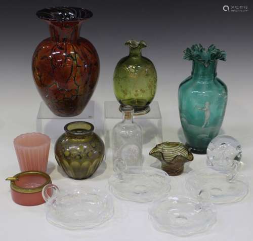 A mixed group of decorative glassware, late 19th century and later, including a Dartington art glass