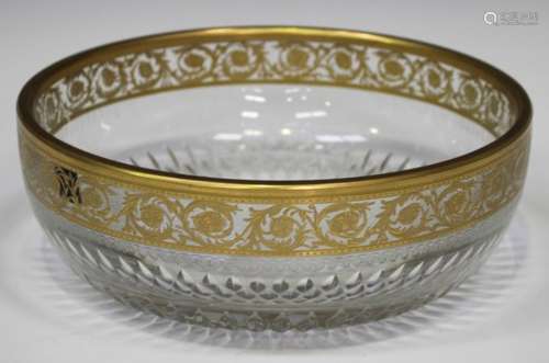 A Saint Louis Cristal Thistle pattern circular bowl, modern, gilded with a band of scrolling foliate