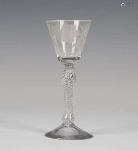 A Jacobite type wine glass, mid-18th century, the rounded funnel bowl engraved with a pair of