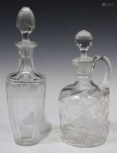 An engraved glass ewer decanter and stopper, probably Stourbridge, late 19th century, the wrythen