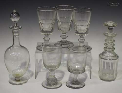 A mixed group of drinking glasses, mostly 19th century, including three bladed stem rummers with