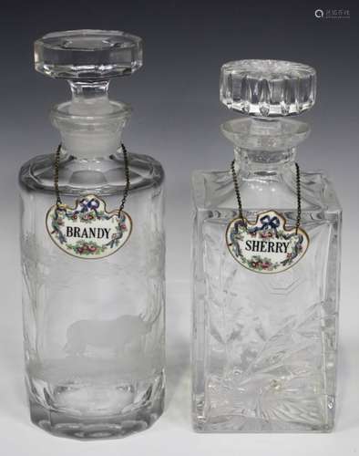 An engraved glass decanter and octagonal stopper, 20th century, probably by Rowland Ward,