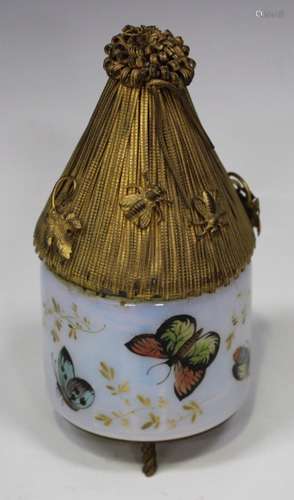 An unusual opaline glass and gilt metal atomizer, early 20th century, the cylindrical milky white