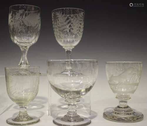 Five engraved glass rummers, 19th century, including one with a continuous scene of a greyhound