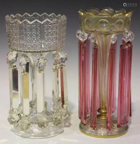 A Bohemian glass lustre, late 19th century, the octagonal tapered stem with gilt line detail, raised