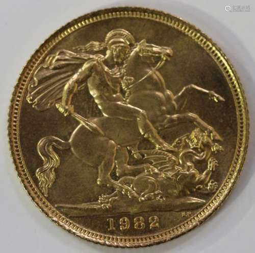 An Elizabeth II sovereign 1982, cased.Buyer’s Premium 29.4% (including VAT @ 20%) of the hammer